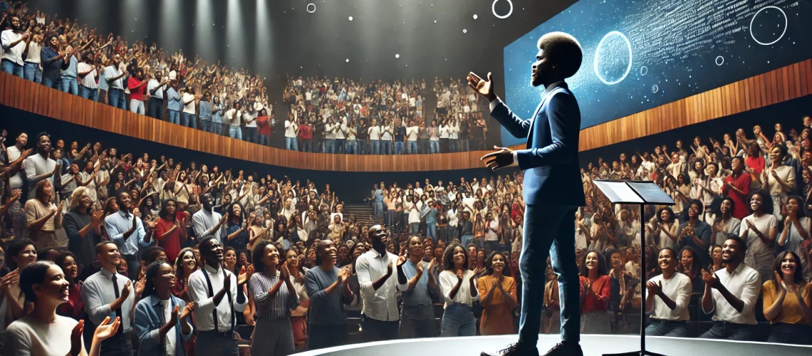 DALL·E 2024-06-19 21.29.25 - A powerful Black public speaker standing on a grand stage, addressing an enthusiastic audience composed of Black individuals in a large auditorium. Th